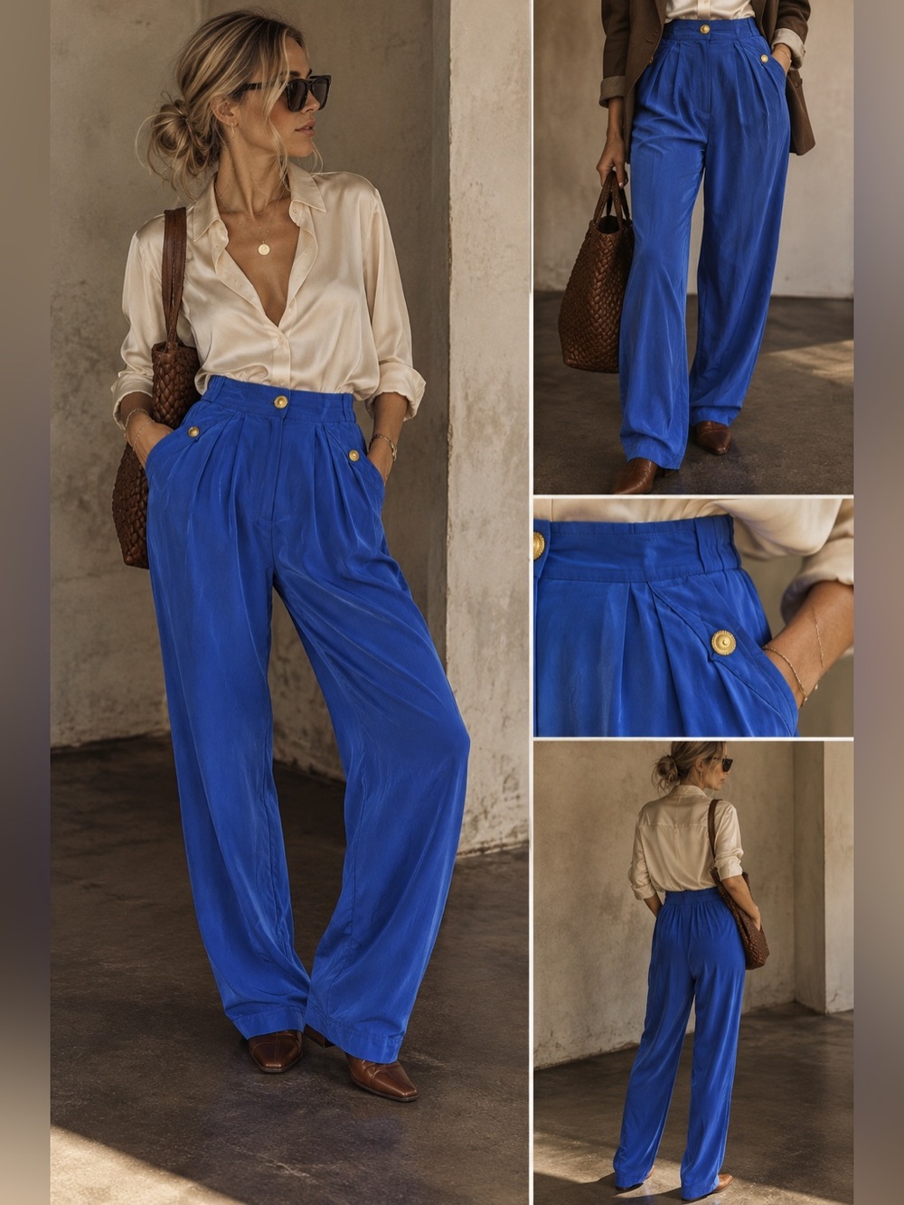 Vintage 100% Silk Cobalt Blue Pleated High Rise Pants Gold Buttons Small
